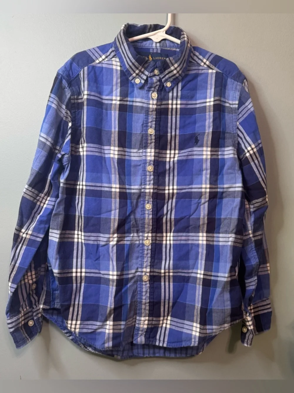 Ralph Lauren Boys Blue Plaid Button Down Shirt, Size M (10-12)